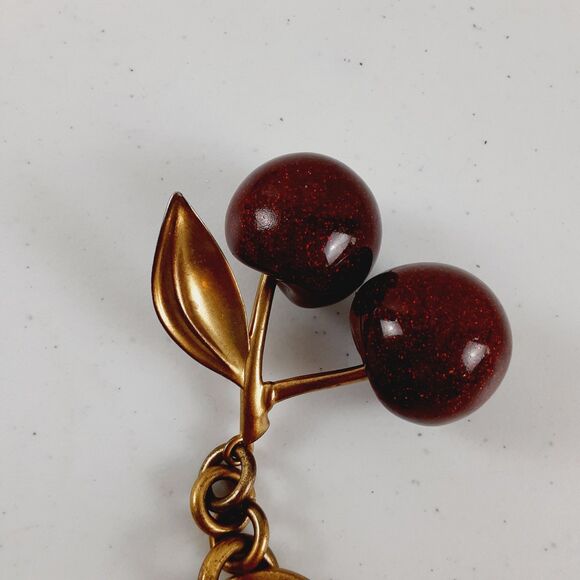 Coach Cherries Keyfob Brushed Antique Brass & Solid Resin Cherries Charm 5" - Picture 7 of 13